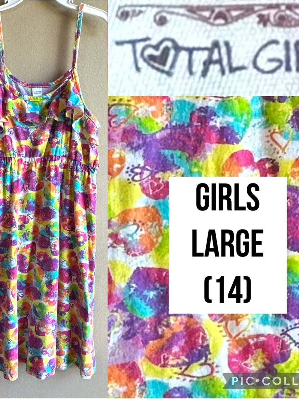 Total Girl Girls Dress Rainbow Heart Print Summer Sleeveless Ruffle Neckline L